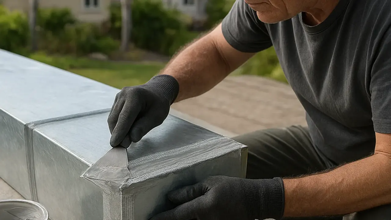 Hvac in jacksonville: macro shot of a clean, perfectly sealed duct joint with mastic sealant and fiberglass mesh tape
