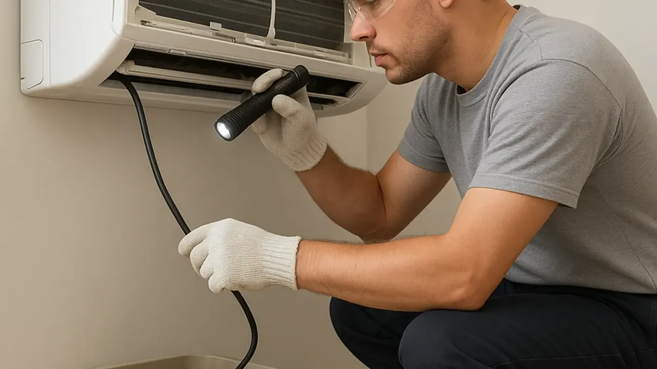 Ductless Mini-Split Maintenance in jacksonville: HVAC technician checking the drain pan and condensate line of an indoor