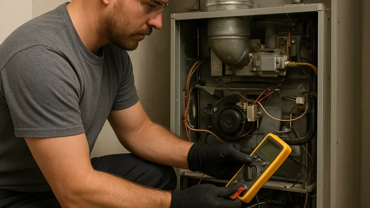Heating Repair in jacksonville: HVAC technician using a multimeter to check the continuity of a furnace ignitor in a utility