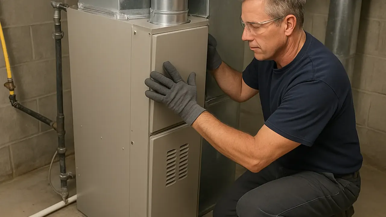 Furnace Installation in jacksonville: HVAC technician carefully sliding a new furnace into an existing plenum connection in