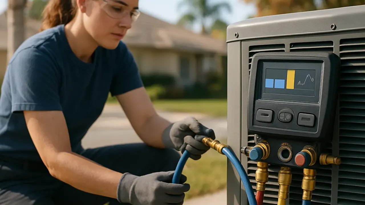 Hvac in jacksonville: detailed close-up of a digital manifold gauge displaying pressure readings during a refrigerant charge