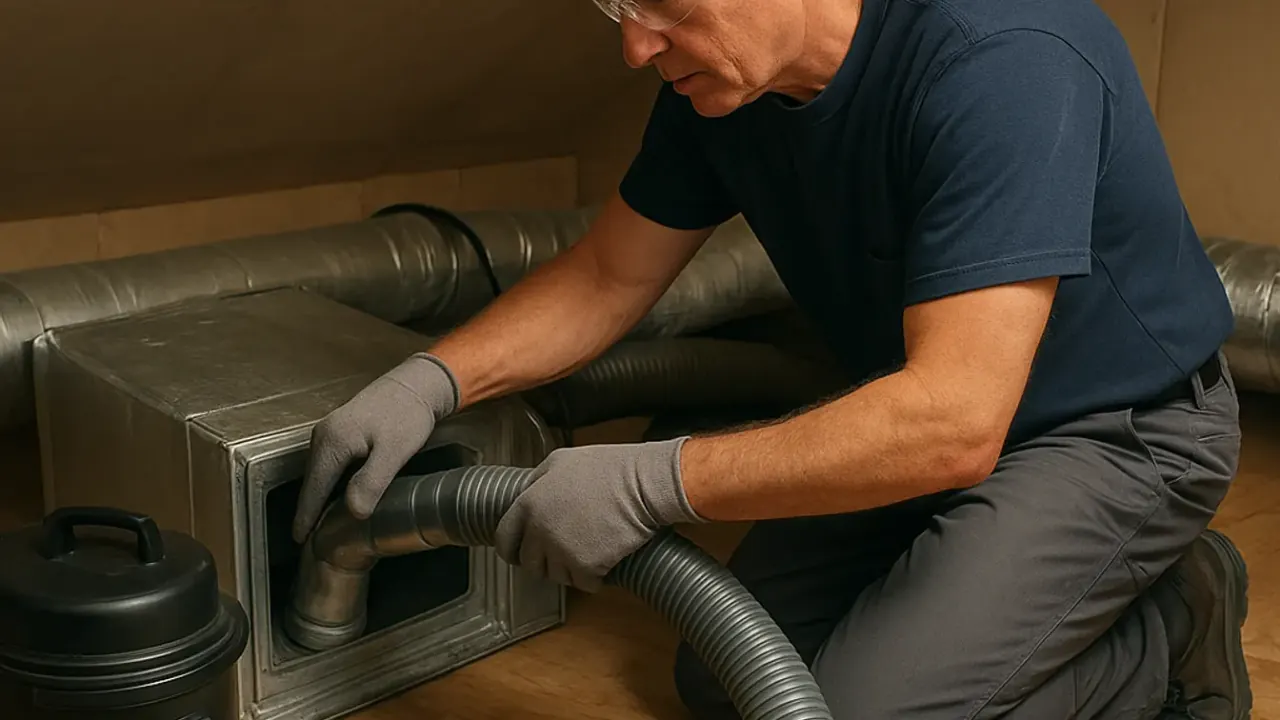 HVAC Duct Cleaning in jacksonville: HVAC technician using a specialized vacuum hose to clean inside a main trunk line in an