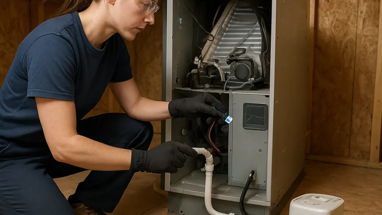 HVAC Inspection in jacksonville: HVAC technician inspecting the condensate drain line of an attic air handler for blockages