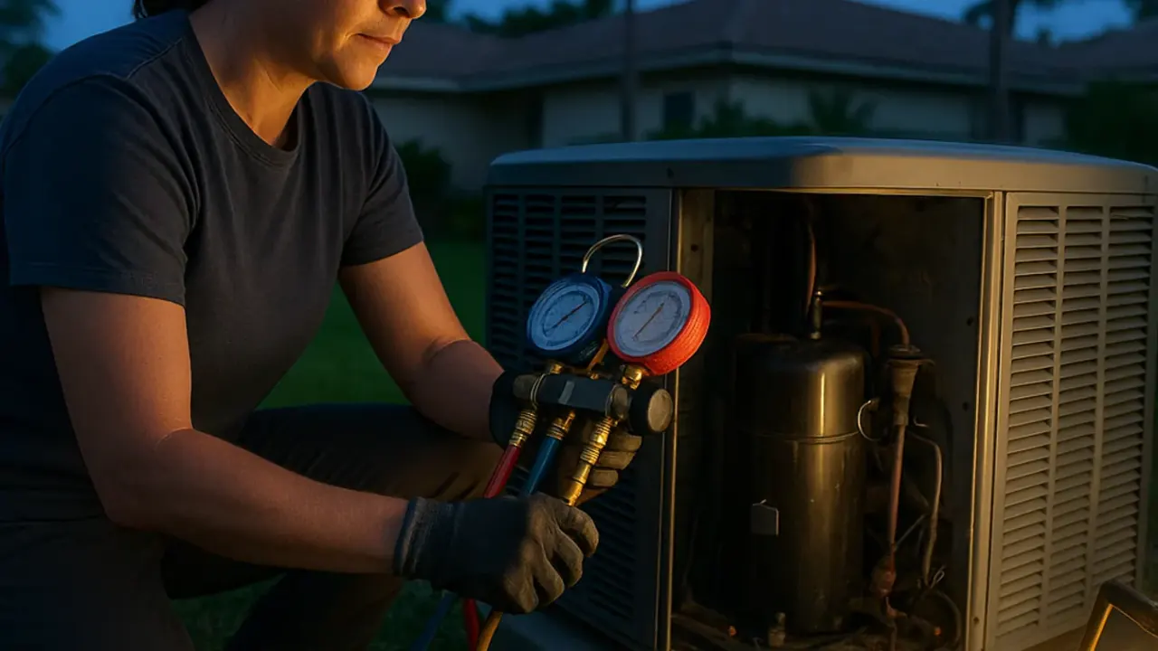 Emergency HVAC Service in jacksonville: HVAC technician working on an outdoor condenser unit after dusk, illuminated by a