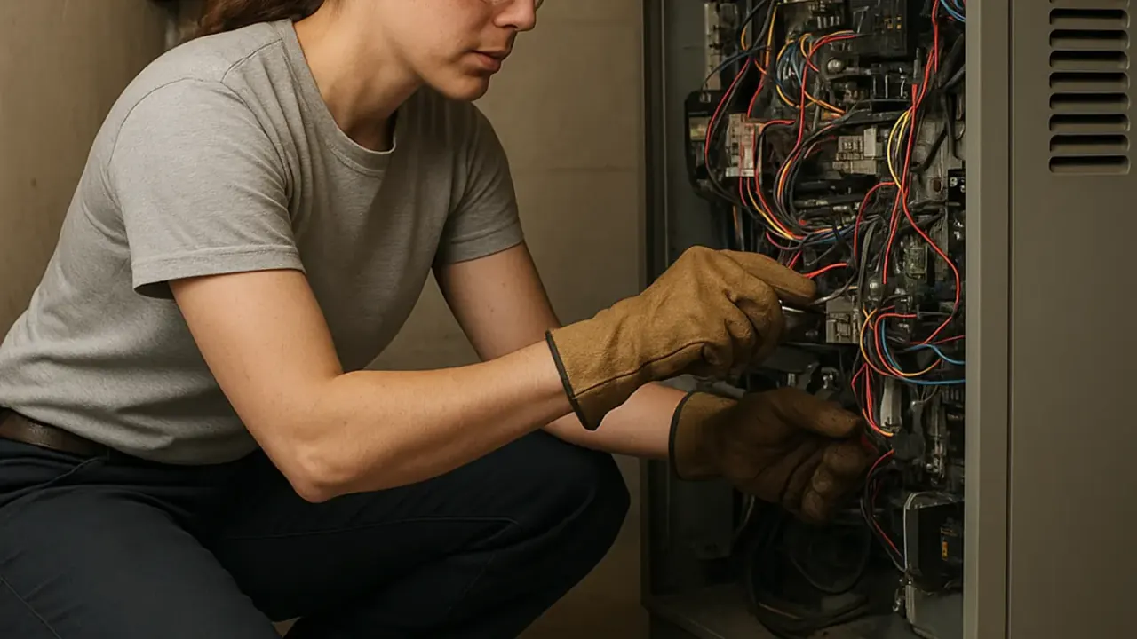 Heating Maintenance in jacksonville: HVAC technician checking the electrical connections and wiring inside an electric