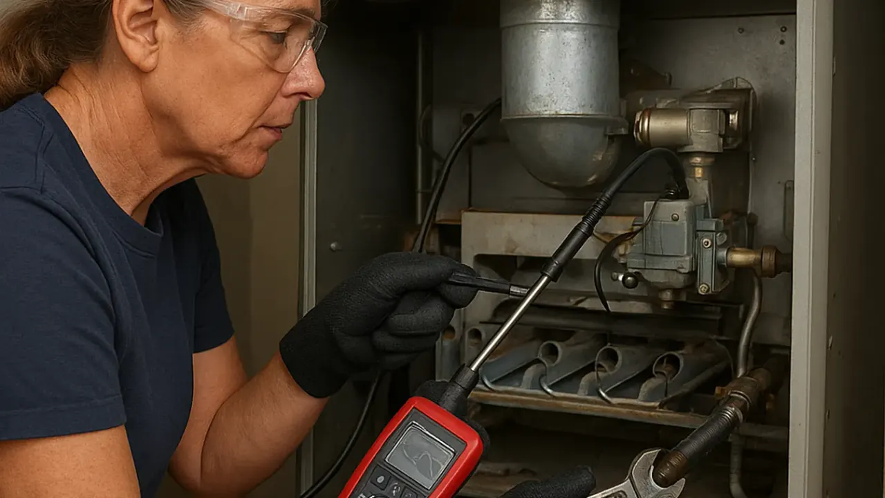 Central Heating Service in jacksonville: HVAC technician performing a safety check on a gas furnace in a residential utility