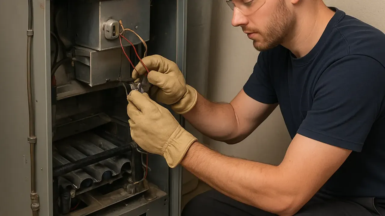 Furnace Repair in jacksonville: HVAC technician replacing a broken limit switch on a gas furnace, wires temporarily detached