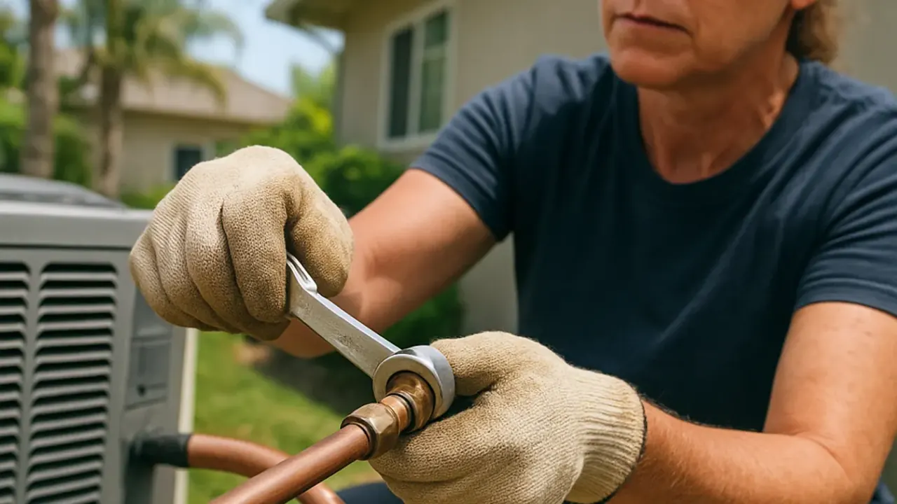 Hvac in jacksonville: close-up of an HVAC technician's gloved hands tightening a flare nut on a copper refrigerant line