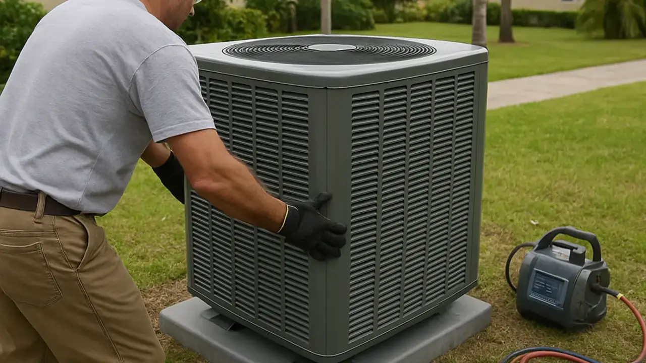 Heat Pump Installation in jacksonville: HVAC technician placing a new heat pump outdoor unit onto a specialized composite pad