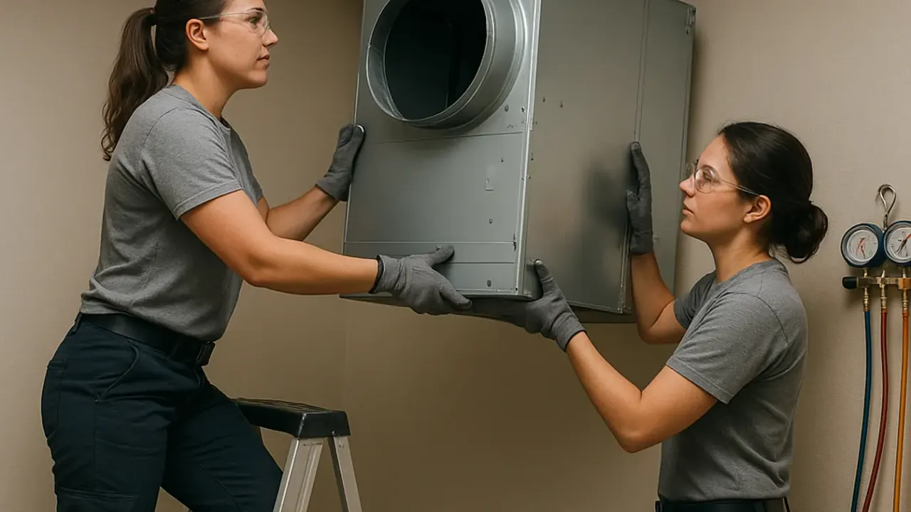 Hvac in jacksonville: Two HVAC technicians collaborating to lift and secure a new air handler unit into an attic space