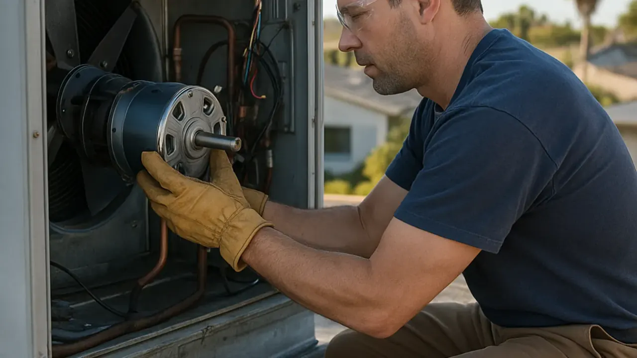 24/7 HVAC Repair in jacksonville: HVAC technician replacing a motor in a commercial rooftop unit during early morning hours