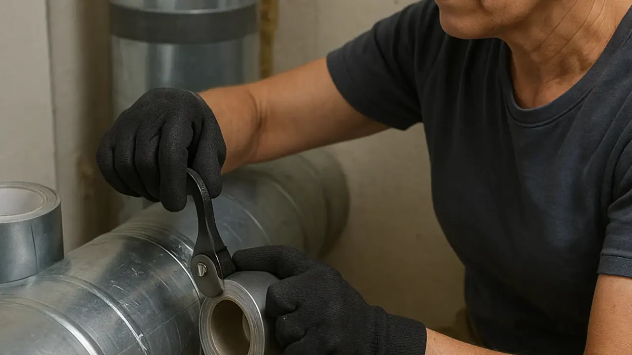 HVAC Duct Sealing in jacksonville: HVAC technician wrapping exposed ductwork with specialized sealing tape in a utility