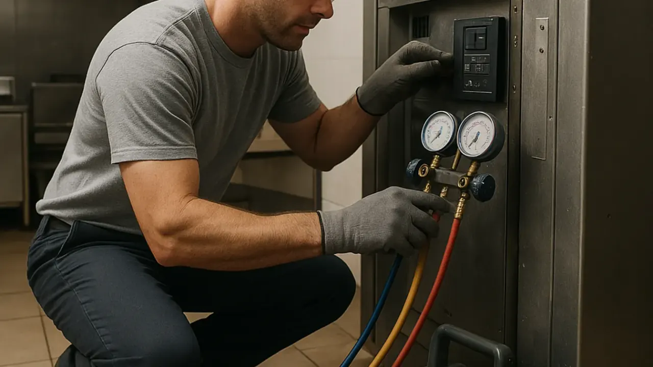 Commercial HVAC Services in jacksonville: HVAC technician checking the controls of a commercial refrigeration unit in a